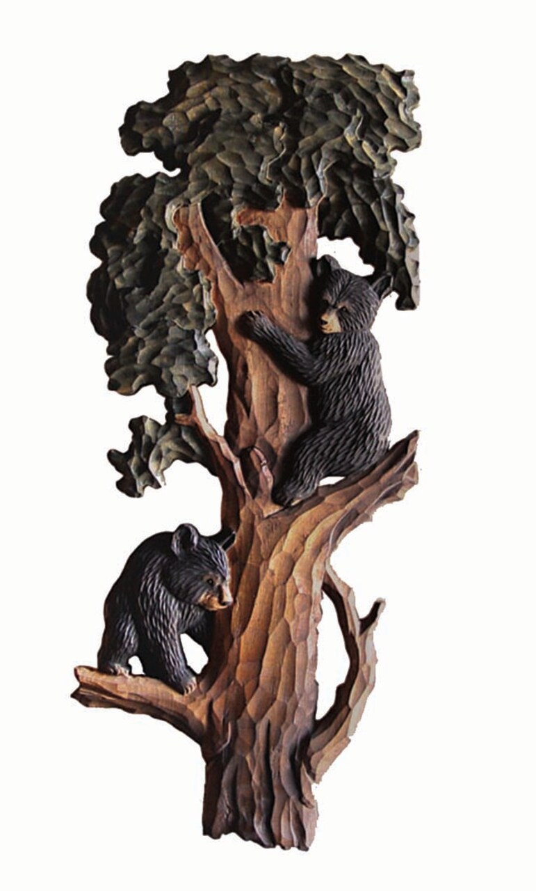 Bear Cubs in Tree Hand Crafted Intarsia Wood Art Wall Hanging 34 X 34 X 3 Inches